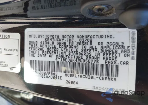 2002 Toyota Camry Le из США, поврежденный, VIN 4T1BE32K42U058775